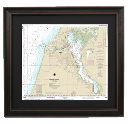 Framed Nautical Chart 14938 - Manistee Harbor and Manistee Lake. NOAA 14938. Handmade in the USA.
