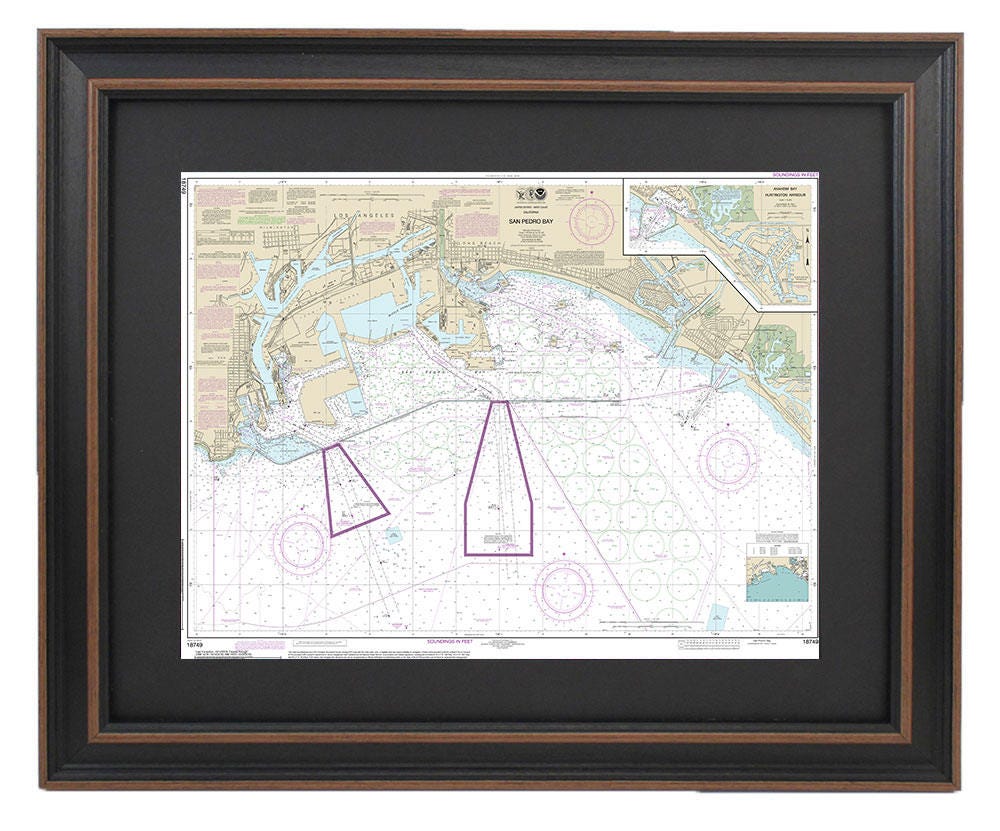 Framed Nautical Chart 18749 - Long Beach. San Pedro Bay. Anaheim Bay & Huntington Harbor. NOAA 18749. Handmade in the USA.