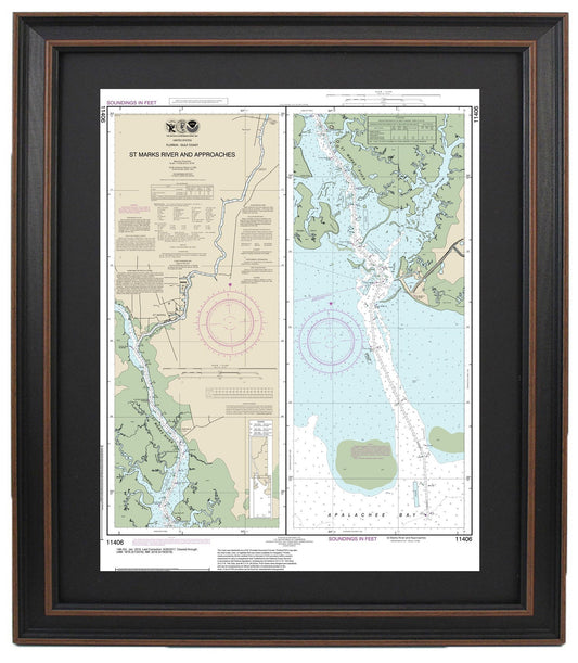 Framed Nautical Chart 11406 - St. Marks River and Approaches. NOAA 11406. Handmade in the USA.