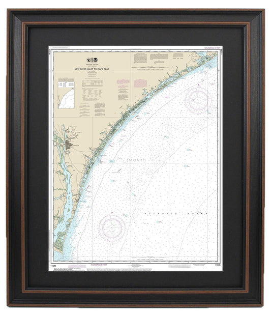 Framed Nautical Chart 11539 - New River Inlet to Cape Fear. NOAA 11539. Handmade in the USA.