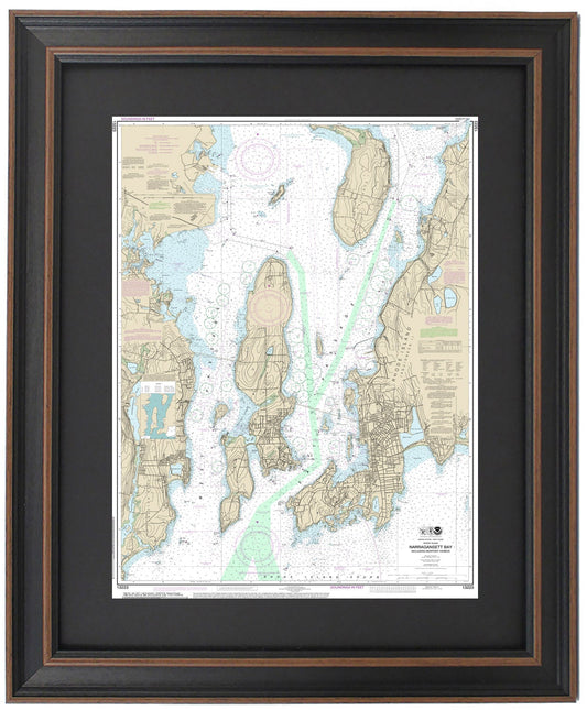 Framed Nautical Chart 13223 - Narragansett Bay (Including Newport Harbor). NOAA 13223. Handmade in the USA.