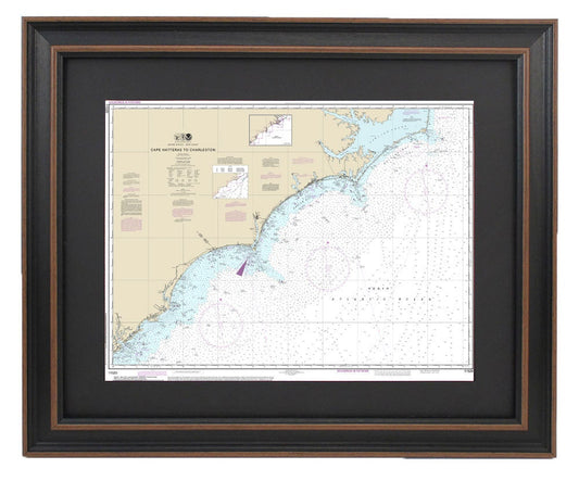 Framed Nautical Chart 11520- Cape Hatteras to Charleston. NOAA 11520. Handmade in the USA.