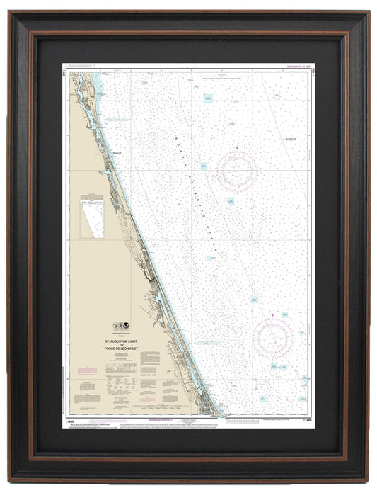 Framed Nautical Chart 11486 - St. Augustine Light to Ponce de Leon Inlet. NOAA 11486. Handmade in the USA.