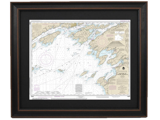 Framed Nautical Chart 14802 - Lake Ontario, Clayton to False Ducks lsland. NOAA 14802. Handmade in the USA.