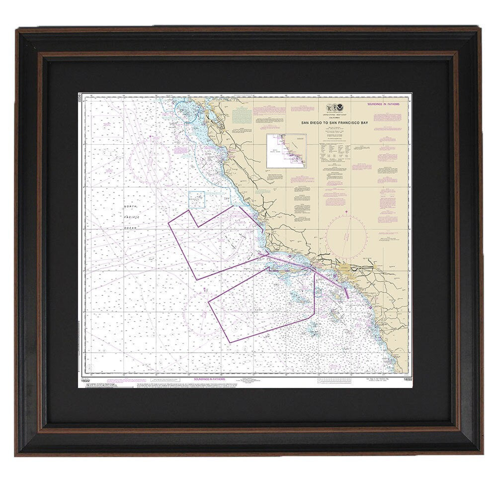 Framed Nautical Chart 18022 - San Diego to San Francisco Bay, NOAA 18022. Handmade in the USA.