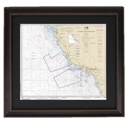 Framed Nautical Chart 18022 - San Diego to San Francisco Bay, NOAA 18022. Handmade in the USA.