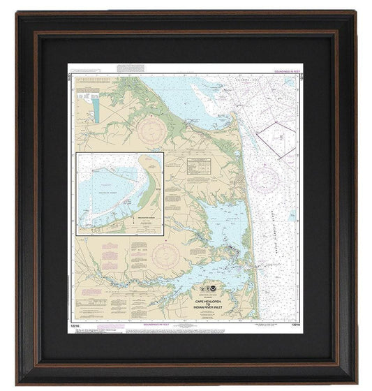 Framed Nautical Chart 12216 - Rehoboth Beach. Cape Henlopen to Indian River Inlet & Breakwater Harbor, NOAA 12216. Handmade in the USA.