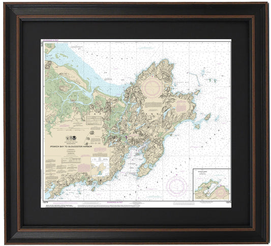 Framed Nautical Chart 13279 - Ipswich Bay to Gloucester Harbor. NOAA 13279. Handmade in the USA.