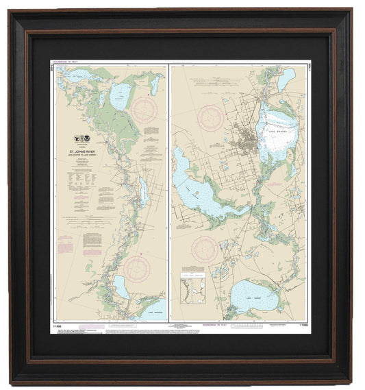 Framed Nautical Chart 11498 - St. Johns River. Lake Dexter to Lake Harney. NOAA 11498. Handmade in the USA.