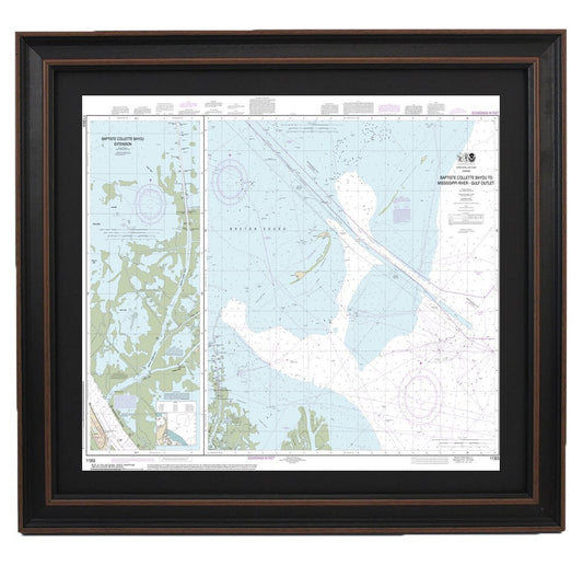 Framed Nautical Chart 11353 - Baptiste Collette Bayou to Mississippi River Gulf Outlet. NOAA 11353. Handmade in the USA.