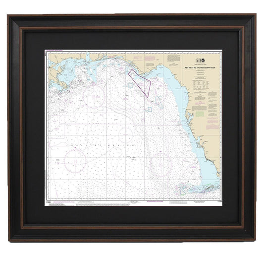 Framed Nautical Chart 11006 - Gulf Coast - Key West to Mississippi River. NOAA 11006. Handmade in the USA.