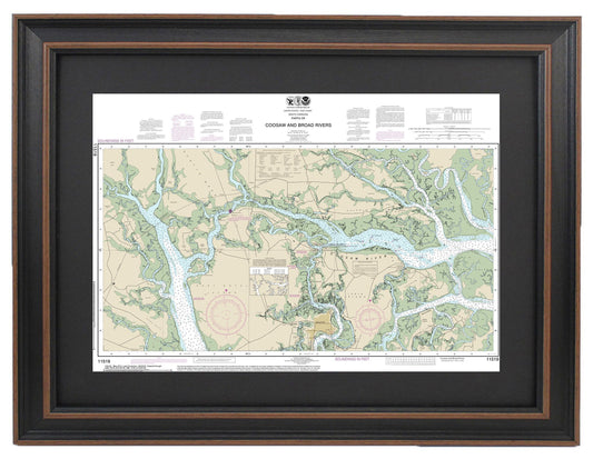 Framed Nautical Chart 11519 - Parts of Coosaw and Broad Rivers. NOAA 11519. Handmade in the USA.