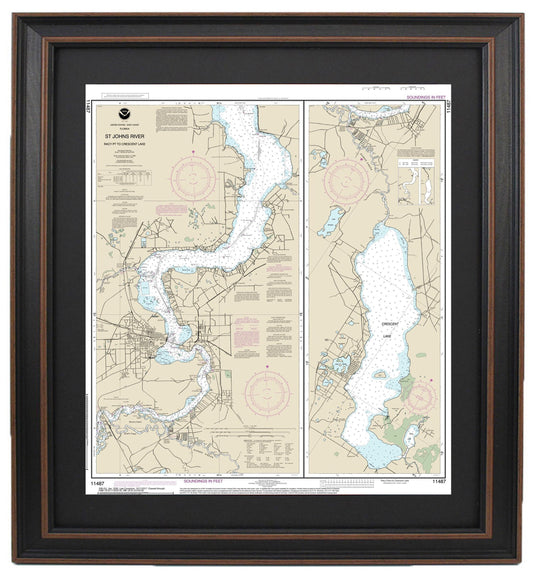 Framed Nautical Chart 11487 - St. Johns River. Racy Point to Crescent Lake. NOAA 11487. Handmade in the USA.