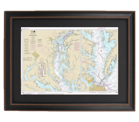 Framed Nautical Chart 12280 - Chesapeake Bay. NOAA 12280. Handmade in the USA.