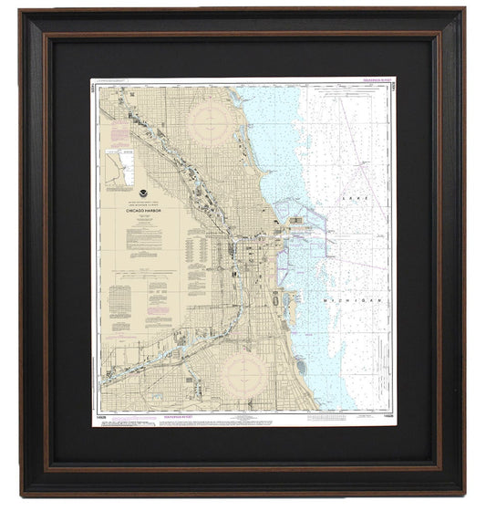 Framed Nautical Chart 14928 - Chicago Harbor. NOAA 14928. Handmade in the USA.