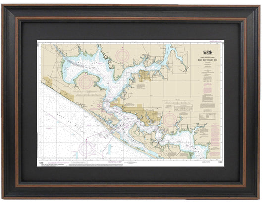Framed Nautical Chart 11390 - Intracoastal Waterway. East Bay to West Bay. NOAA 11390. Handmade in the USA.