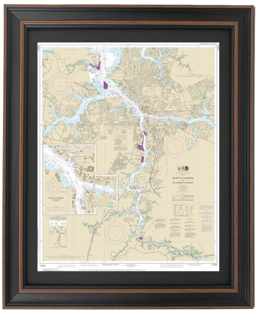 Framed Nautical Chart 12253 - Norfolk Harbor and Elizabeth River. NOAA 12253. Handmade in the USA.
