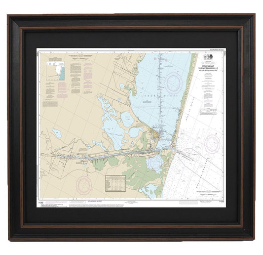 Framed Nautical Chart 11302 - South Padre Island, Stover Point to Port Brownsville. NOAA 11302. Handmade in the USA.
