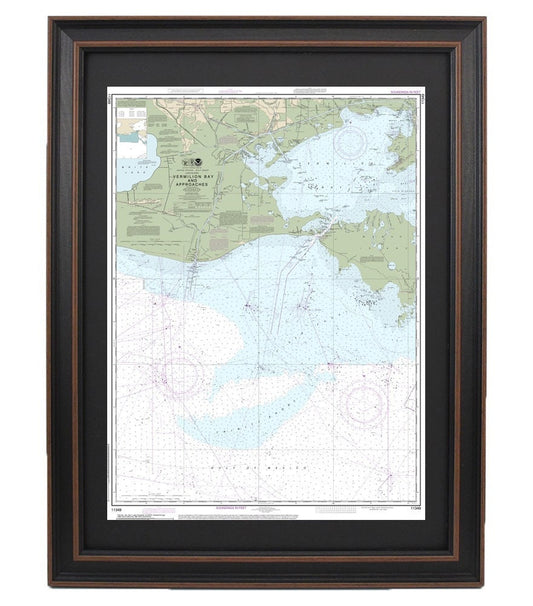 Framed Nautical Chart 11349 - Vermilion Bay and Approaches. NOAA 11349. Handmade in the USA.