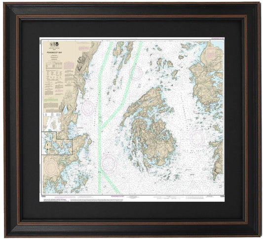 Framed Nautical Chart 13305 - Penobscot Bay, Maine. NOAA 13305. Handmade in the USA.