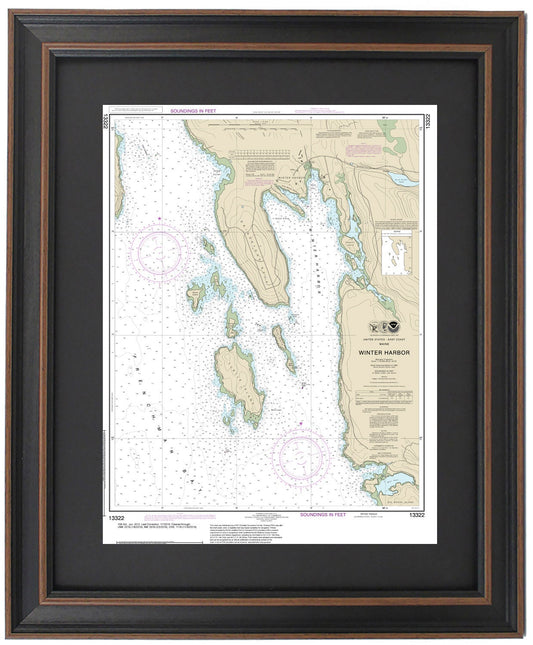 Framed Nautical Chart 13322 - Winter Harbor, Maine. NOAA 13322. Handmade in the USA.