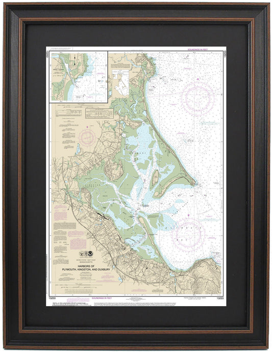 Framed Nautical Chart 13253 - Harbors of Plymouth, Kingston, and Duxbury. NOAA 13253. Handmade in the USA.