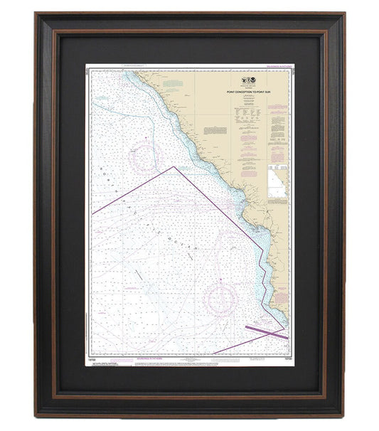 Framed Nautical Chart 18700 - Point Conception to Point Sur. NOAA 18700. Handmade in the USA.