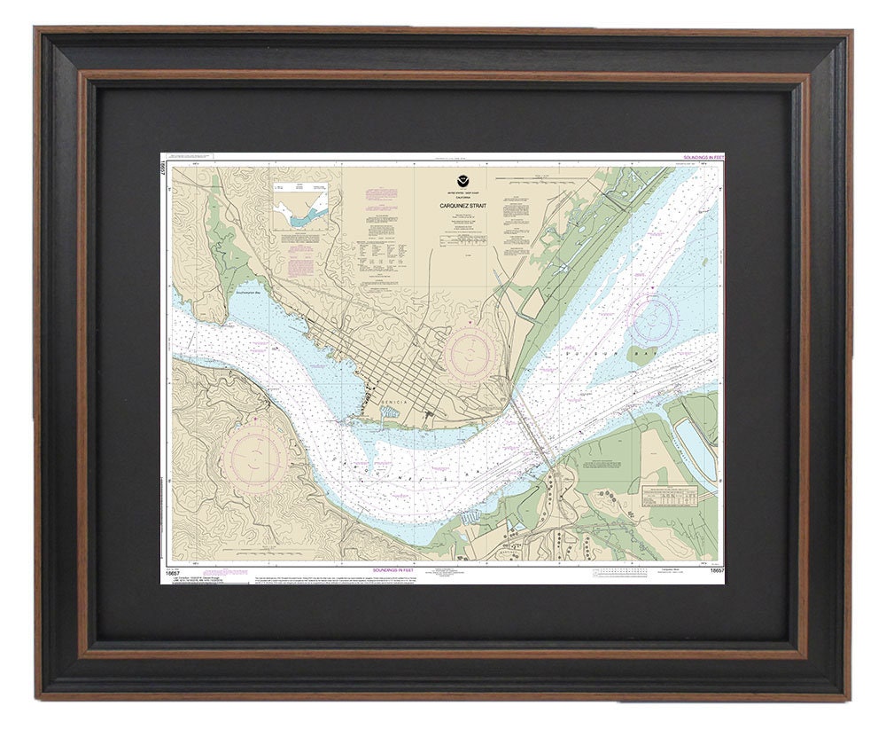 Framed Nautical Chart 18657 - Carquinez Strait. NOAA 18657. Handmade in the USA.