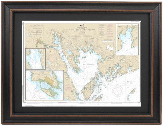 Framed Nautical Chart 13398  - Passamaquoddy Bay and St Croix River, Maine. NOAA 13398. Handmade in the USA.