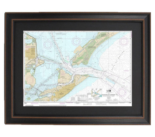 Framed Nautical Chart 11324 - Galveston Bay Entrance Galveston and Texas City Harbors. NOAA 11324. Handmade in the USA.