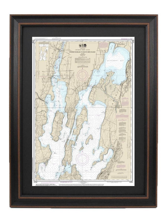 Framed Nautical Chart 14781. Lake Champlain, Riviere Richelieu to South Hero Island. NOAA 14781. Handmade in the USA.