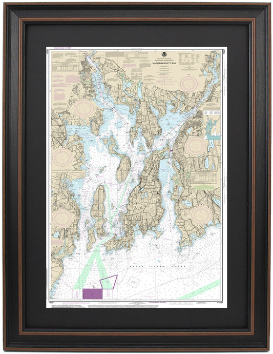 Framed Nautical Chart 13221 - Narragansett Bay. NOAA 13221. Handmade in the USA.