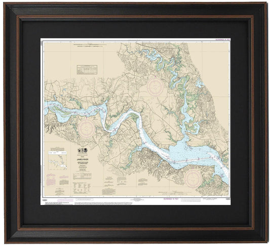 Framed Nautical Chart 12251 - James River, Virginia. Jamestown Island to Jordon Point. NOAA 12251. Handmade in the USA.