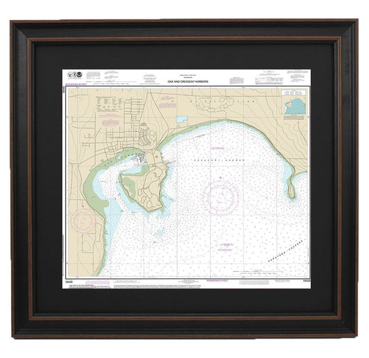 Framed Nautical Chart 18428 - Oak and Crescent Harbors. NOAA 18428. Handmade in the USA.