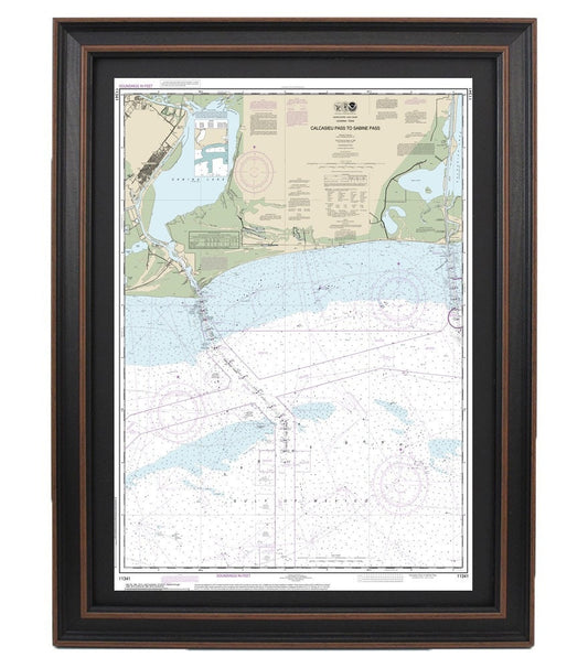Framed Nautical Chart 11341 - Calcasieu Pass to Sabine Pass. NOAA 11341. Handmade in the USA.