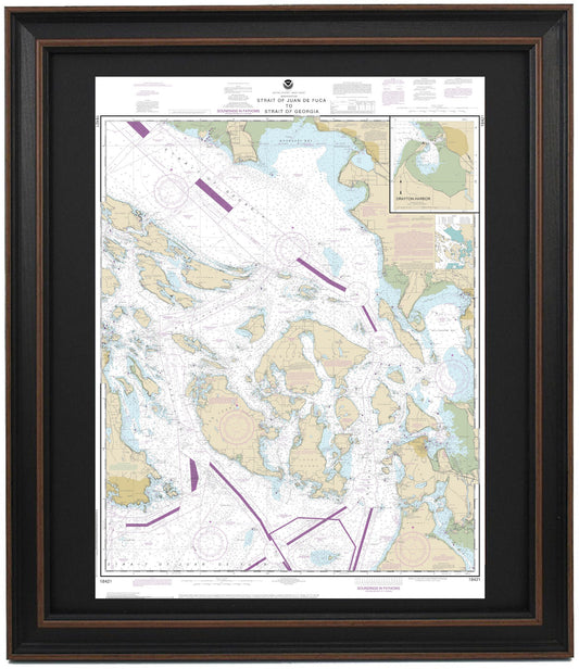 Framed Nautical Chart 18421 - Strait of Juan de Fuca to Strait of Georgia. Drayton Harbor. NOAA 18421. Handmade in the USA.