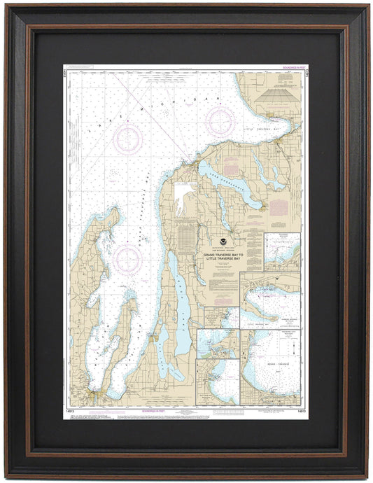 Framed Nautical Chart 14913 - Lake Michigan - Grand Traverse Bay to Little Traverse Bay. NOAA 14913. Handmade in the USA.