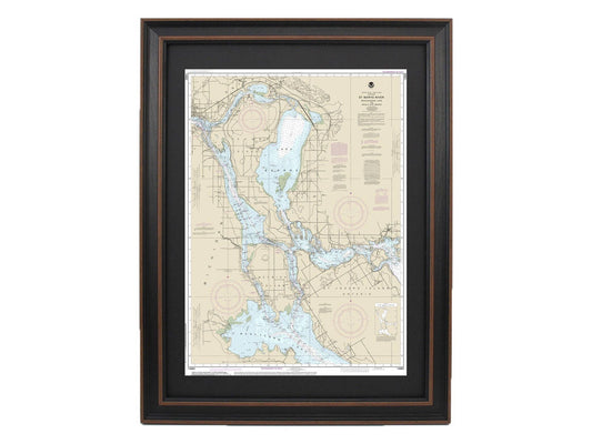 Framed Nautical Chart 14883 - Michigan's St. Marys River. NOAA 14883. Handmade in the USA.