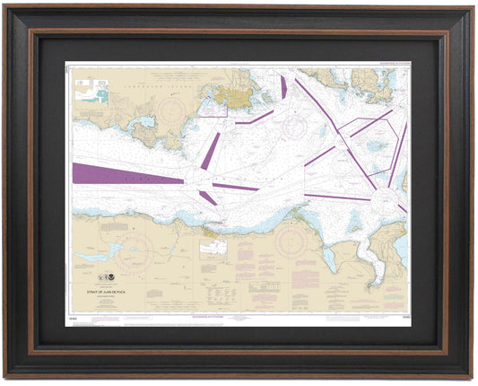 Framed Nautical Chart 18465 - Strait of Juan de Fuca. Eastern Part. NOAA 18465. Handmade in the USA.