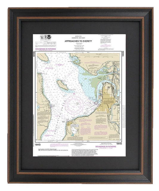 Framed Nautical Chart 18443 - Approaches to Everett. NOAA 18443. Handmade in the USA.