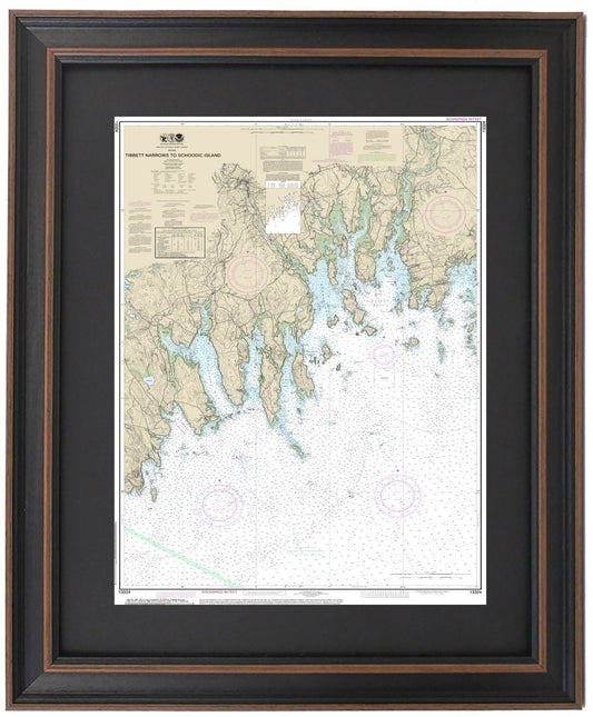 Framed Nautical Chart 13324 - Tibbett Narrows to Schoodic Island, Maine. NOAA 13324. Handmade in the USA.