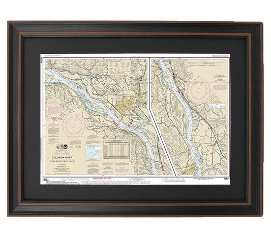 Framed Nautical Chart 18524 - Columbia River. Crims Island to Saint Helens. NOAA 18524. Handmade in the USA.