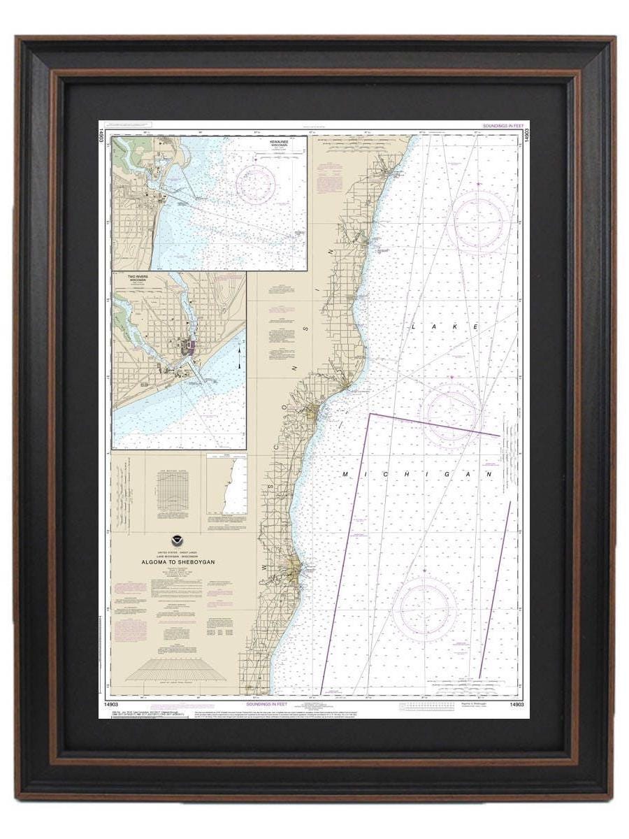 Framed Nautical Chart 14903 - Lake Michigan, Algoma to Sheboygan. NOAA 14903. Handmade in the USA.