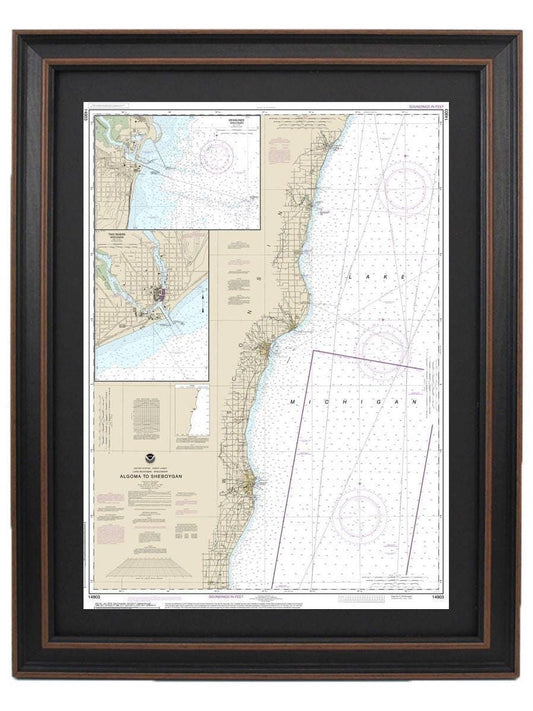 Framed Nautical Chart 14903 - Lake Michigan, Algoma to Sheboygan. NOAA 14903. Handmade in the USA.