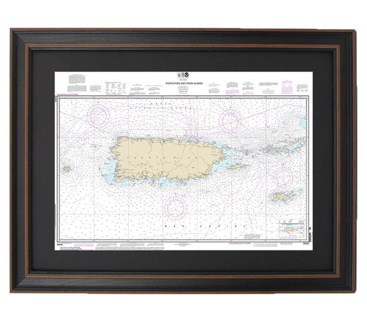 Framed Nautical Chart 25640 - Puerto Rico and Virgin Islands. NOAA 25640. Handmade in the USA.