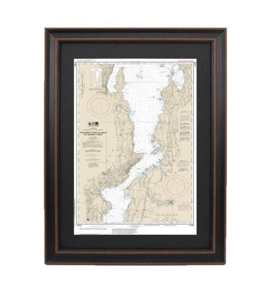 Framed Nautical Chart 14783. Lake Champlain, Four Brothers Islands to Barber Point. NOAA 14783. Handmade in the USA.