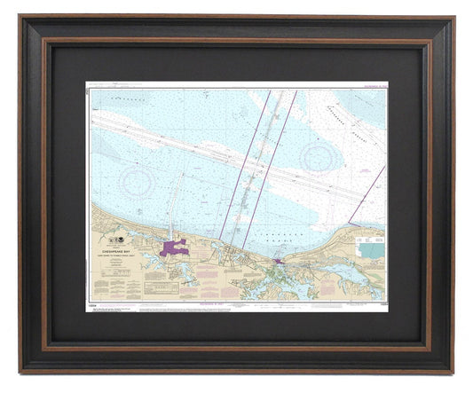 Framed Nautical Chart 12254 - Cape Henry to Thimble Shoals Light. NOAA 12254. Handmade in the USA.