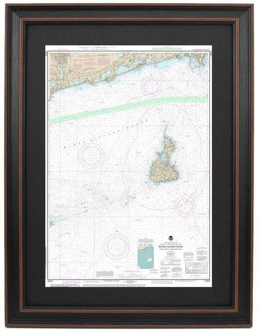 Framed Nautical Chart 13215 - Block Island Sound, Point Judith to Montauk Point RI. NOAA 13215. Handmade in the USA.