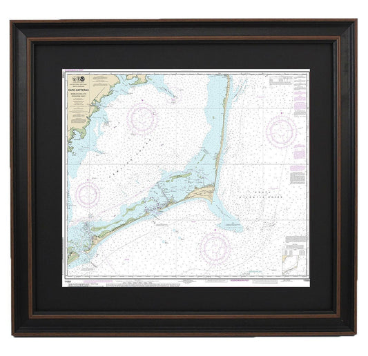 Framed Nautical Chart 11555 - Outer Banks, Cape Hatteras to Ocracoke Inlet, NOAA 11555. Handmade in the USA.