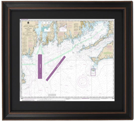 Framed Nautical Chart 13218 - Marthas Vineyard to Block Island. NOAA 13218. Handmade in the USA.